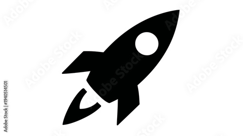 Stylized black rocket icon taking off, symbolizing startup launch, business growth, speed, innovation, and future success