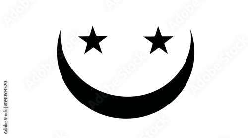 Minimalist black crescent moon smiling face with two stars vector icon on white background, celestial happy symbol.