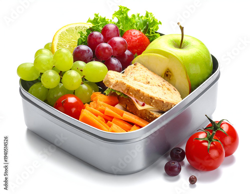 Fresh, healthy lunchbox filled with fruits, vegetables, and sandwich