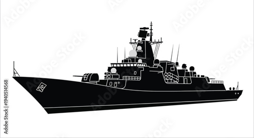 A striking black silhouette of a modern naval destroyer with detailed structures against a white background silhouette high quality professional elegant