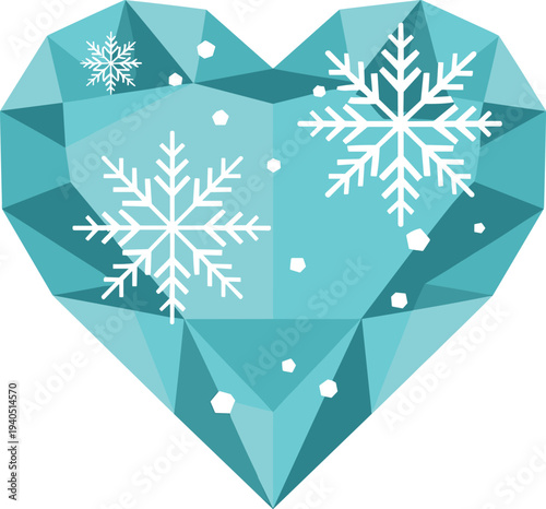 Teal heart shaped diamond with white snowflakes and dots on white background