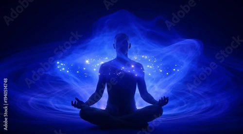 Silhouette of a man meditating in a dark room, blue and purple light waves vibrate from his body, energy particles pulsate following the rhythm of the frequency, cinematic, spiritual aura, slow motion