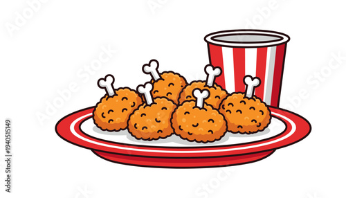 Professional Fried Chicken Vector Illustration Featuring Crispy Drumsticks on a Red and White Striped Plate with a Large Soda Cup for Fast Food Restaurant Menus and Advertising