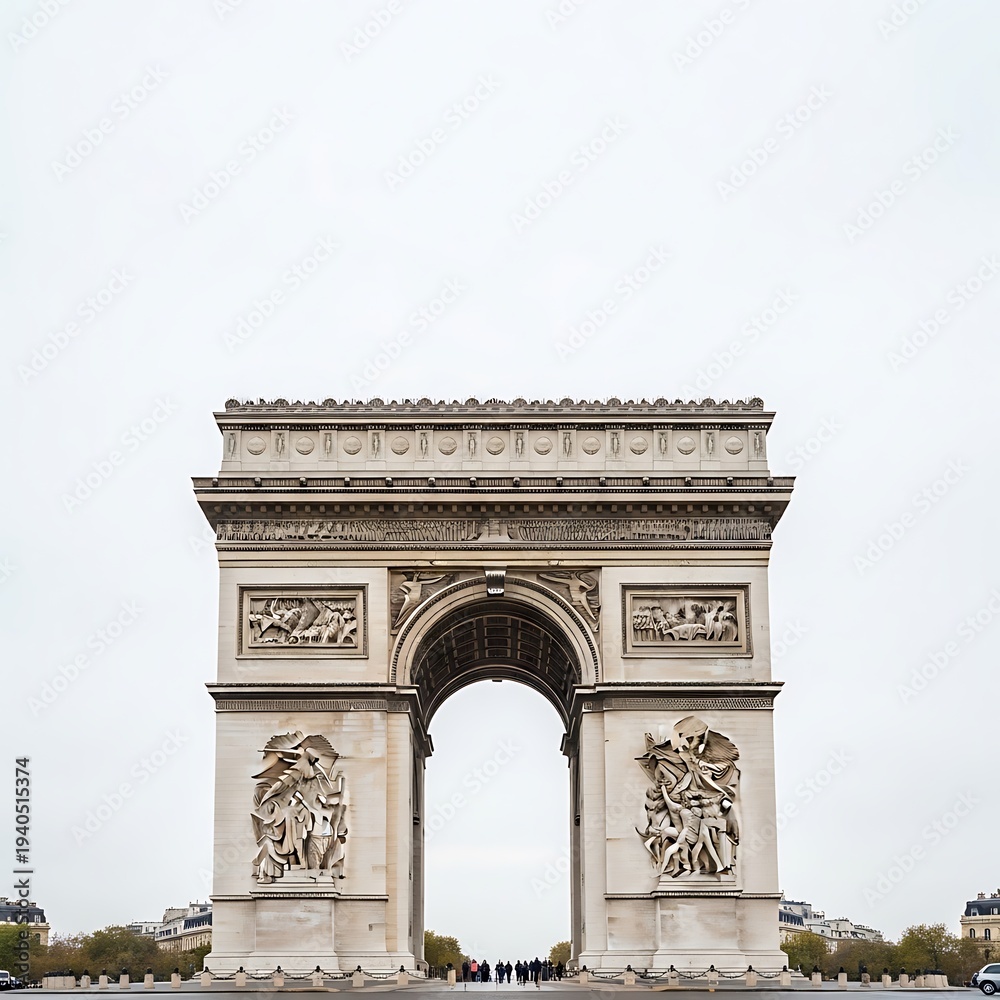 Obraz premium A majestic monument, an arch, stands tall against an overcast sky. Intricate sculptures adorn its surface. A glimpse of cityscape is seen at the distance
