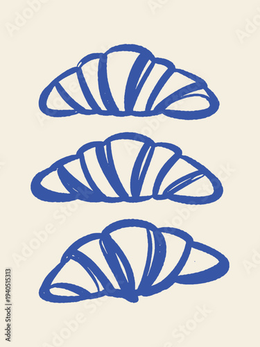 Croissant set naive outline sketch vector illustration
