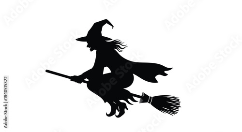 A witch flies on a broomstick against a white background silhouette