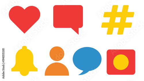 Flat vector icons of social media interactions like button, comment bubble, share arrow, hashtag, notification bell. Modern minimal icon set for digital platforms, app interfaces, web design, user 