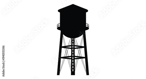 A stark black water tower stands against a white background silhouette