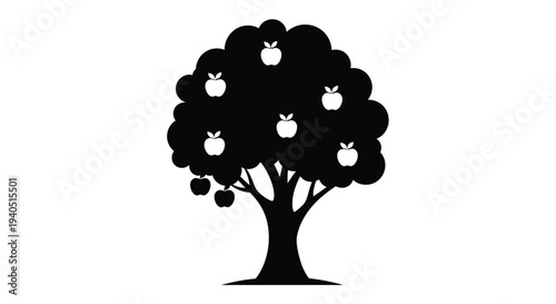 A dark full apple tree with fruit a striking silhouette