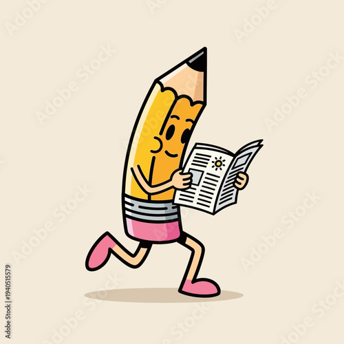 Cartoon Pencil Character Running and Reading Newspaper with Sun Icon