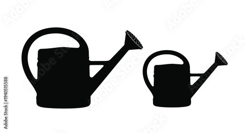 Two watering cans in a stark black outline silhouette