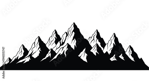 Dramatic mountain range landscape depicted in a stark black silhouette