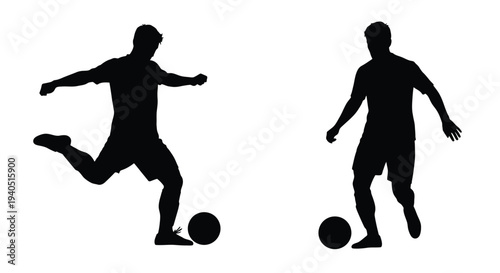 Two men playing soccer one kicking and one juggling a ball silhouette