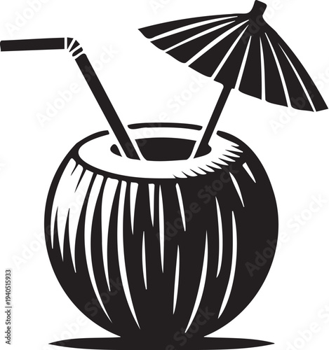 Coconut drink with straw and umbrella illustration perfect for tropical getaway and summer vacation advertisements