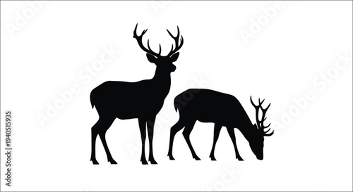 Two deer grazing in a field a striking black silhouette