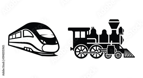 Modern and vintage trains depicted in a striking black silhouette