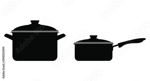 Two black cookware items displayed against a white background silhouette