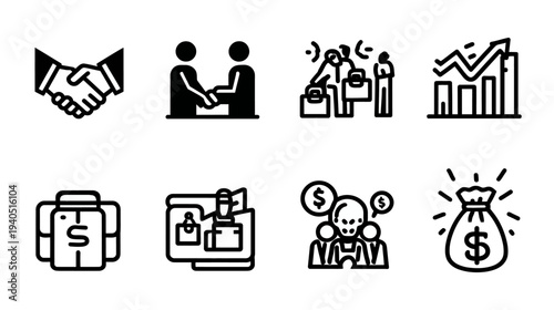 Business and Finance Line Icons Set. Concepts of partnership, agreement, deal, growth, success, money, investment, and wealth vector art.