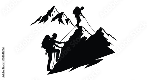 Two mountaineers assist each other while climbing a rugged mountain range depicted in striking silhouette high quality professional detailed modern elegant