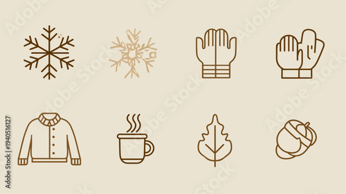 Winter and Autumn Season Line Art Icons Set. Collection of Cold Weather and Fall Graphic Elements, Vector Symbols.