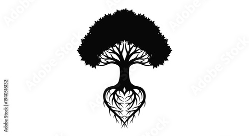 Intricate tree with expansive roots depicted as a dark silhouette