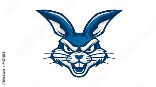 Fierce blue rabbit mascot head vector illustration, angry cartoon bunny with sharp teeth and determined expression.