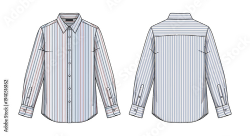 Technical illustration of a striped long sleeved shirt displayed in front and back views featuring a flat silhouette high quality professional detailed