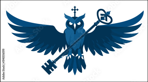 Majestic blue owl symbol with outstretched wings and a cross crown, clutching an elegant skeleton key. Represents wisdom, knowledge, and mystery.