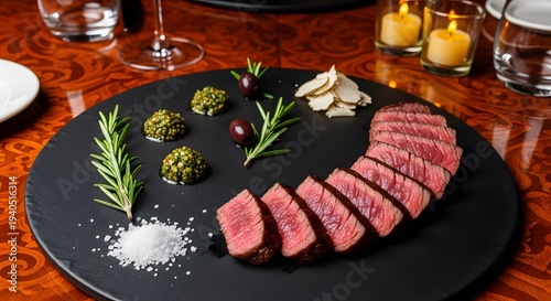 Grilled Steak with Fresh Herbs and Sauce on Dark Plate Restaurant Dish