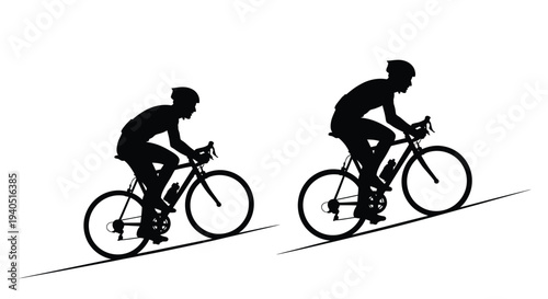 Two cyclists ride uphill depicted as a striking black silhouette