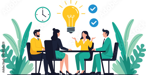 Business teamwork brainstorming illustration with professionals discussing ideas around table under glowing light bulb symbolizing innovation collaboration success