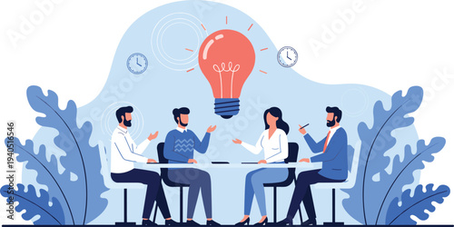 Business teamwork brainstorming illustration with professionals discussing ideas around table under glowing light bulb symbolizing innovation creativity collaboration