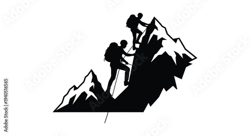 Two climbers scaling a jagged mountain range connected by ropes depicted in a striking black silhouette high quality professional detailed modern