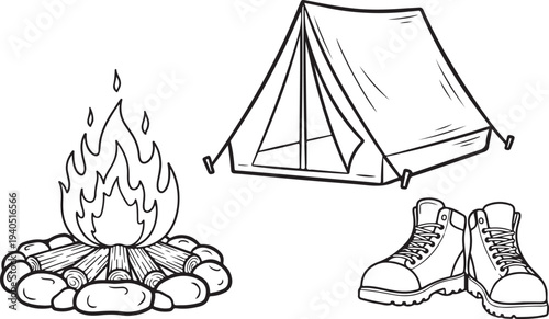 A black and white illustration of camping gear and a campfire