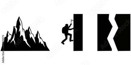 Extreme Mountaineering Silhouette Set: Jagged Alpine Peak, Ice Climber with Pickaxe, and Deep Crevasse Icons