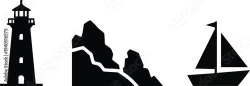 Coastal Nautical Silhouette Set: Striped Lighthouse on Rocky Shore and Sailing Yacht Icons