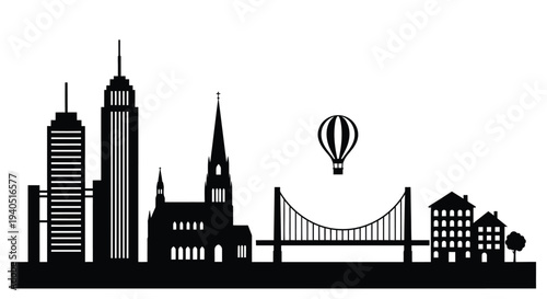 City skyline featuring buildings a church bridge and hot air balloon silhouette