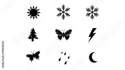 Nature and Weather Icons Set. Minimalist black silhouettes: sun, snowflake, pine tree, butterfly, lightning, raindrops, crescent moon.