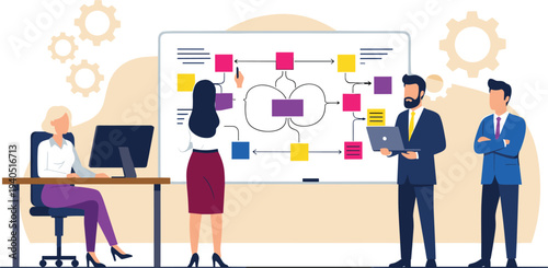Business teamwork presentation illustration with professionals collaborating around whiteboard flowchart using laptops discussing project management workflow planning