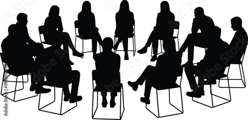 Black silhouettes of diverse people sitting in chairs in a circle for support group therapy or business meeting discussion concept.