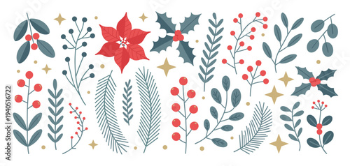 Red poinsettia holly berries pine branches gold stars 1