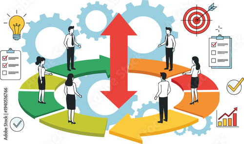 Business workflow illustration with diverse professionals standing on circular arrow path surrounded by icons representing planning goals teamwork and innovation