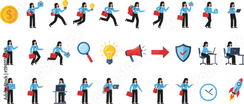 Business woman character illustration with multiple professional poses activities and icons representing innovation productivity communication and workplace success