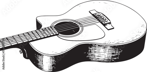 A detailed black and white illustration of an acoustic guitar