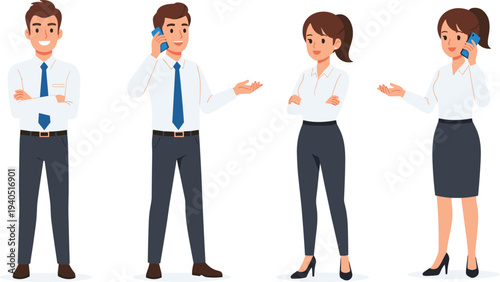 Cartoon business professionals illustration with formal office attire showing workplace communication teamwork confidence and mobile phone conversation