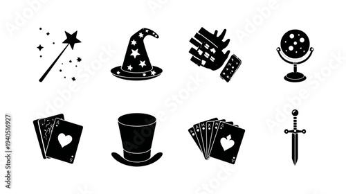 Magic icon vector set featuring a wizard hat, wand, playing cards, crystal ball, top hat, and illusion elements. Fantasy design symbols.