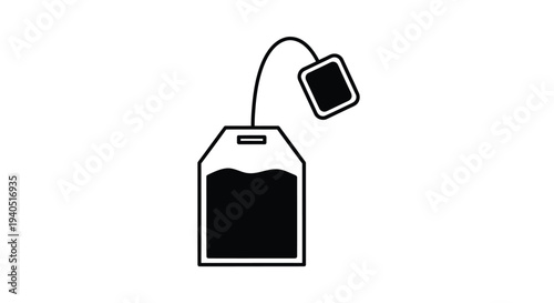 Simple black silhouette of a teabag with string and tag