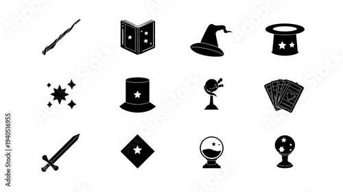 Collection of magic and fantasy themed vector icons: wizard hat, wand, spellbook, crystal ball, playing cards, and sword silhouettes.