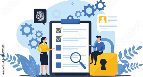 Data security illustration with business professionals showing privacy protection identity verification checklist padlock fingerprint and cybersecurity concepts