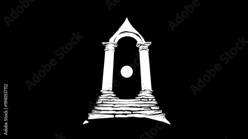 Mystical Archway with Classical Columns and Central Orb Illustration on Black Background, Esoteric Symbol Design